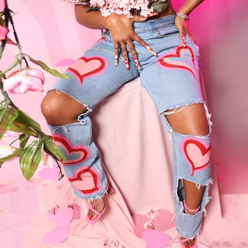 Heart Print Denim Cut Out Distressed Jeans for Women Fashion Baddie Clothes Streetwear Y2k Harajuku High Waist Baggy